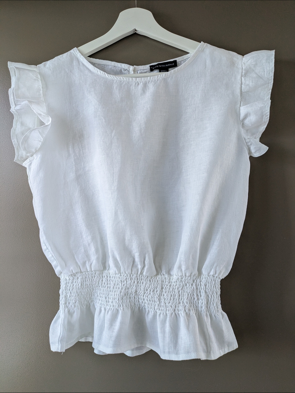 Saks Fifth Avenue 100% Linen White Ruffle Sleeve Smocked Hem Top Summer Size S
